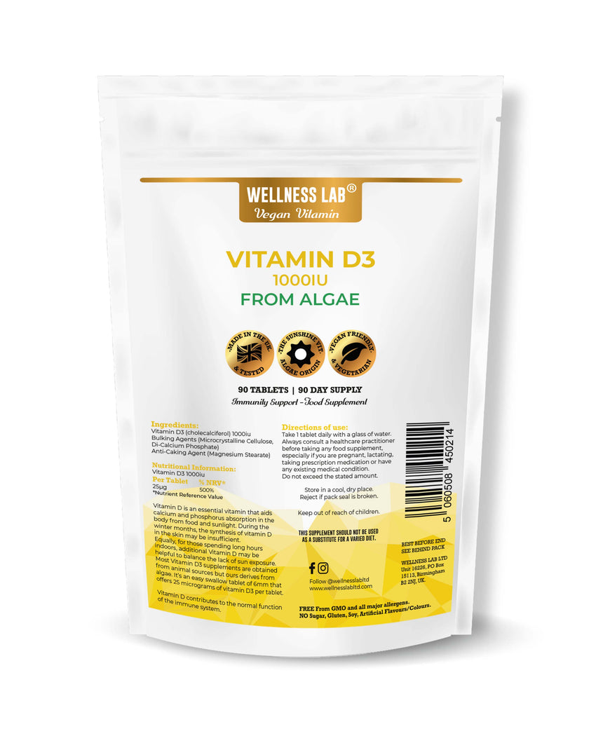 Vegan Vitamin D3 1000iu | From Algae | 90 tablets | 3 months - Wellness Lab®